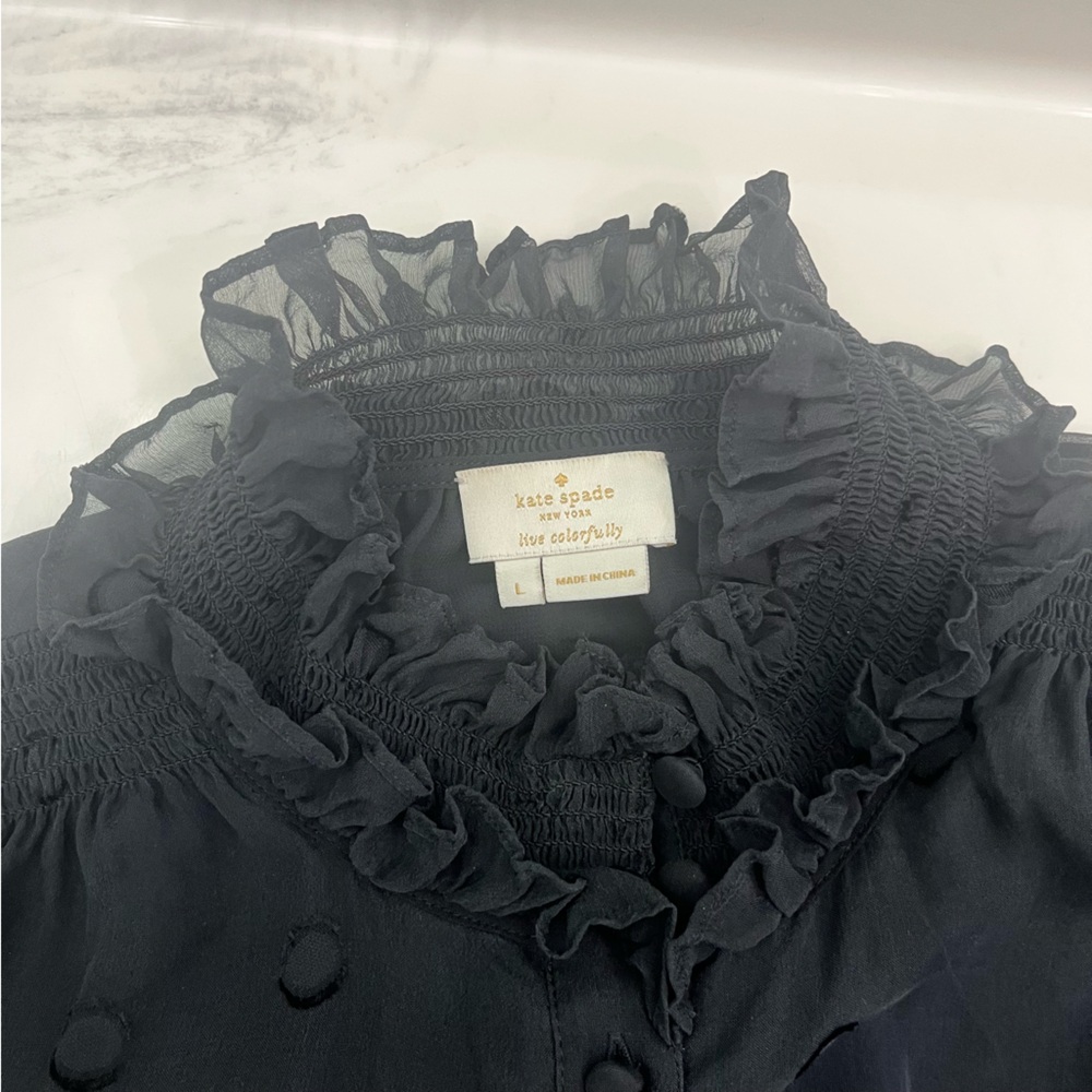 Kate Spade Black Textured Polka Dots Ruffled Lined Women's Blouse Top Shirt - Picture 2 of 8